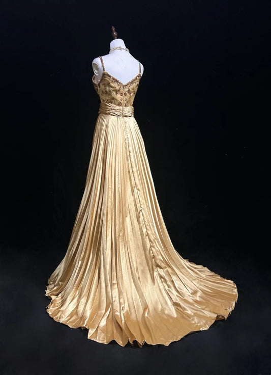 Vintage Prom Dresses A Line Spaghetti Strap Gold Satin With Ruffles Beading Long Formal Dress N2501