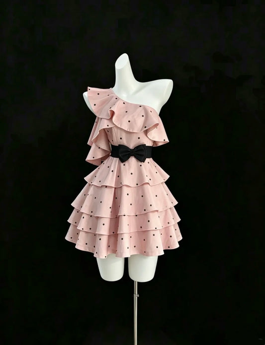 Classy A Line One Shoulder Pink Polka Dots Mini Short University College Impress Senior Inspo Graduation Dress Homecoming Dresses RB3307