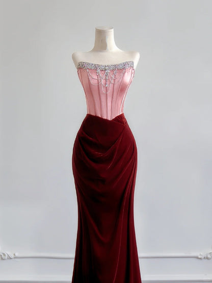 Romantisches Meerjungfrauen-Kleid, trägerlos, rosafarbenes Top aus Satin und burgunderrotem Samt, langes Ballkleid, beeindruckendes Outfit zum 18. Geburtstag, Partykleid N393