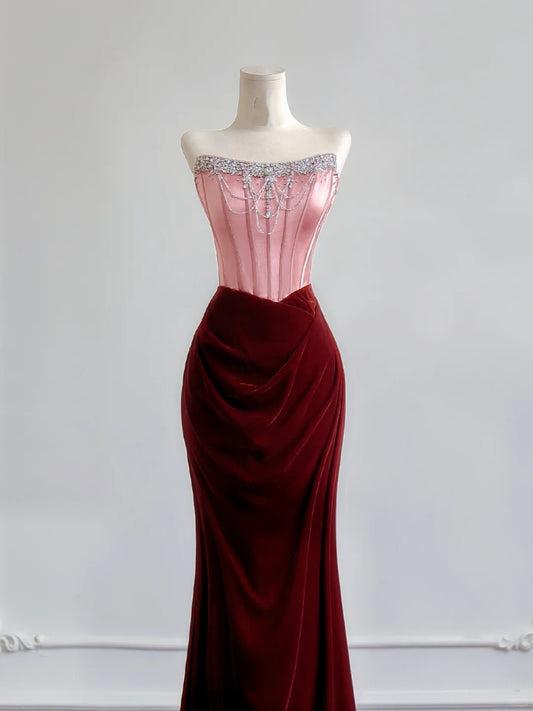 Robe de bal longue sirène romantique sans bretelles, en satin rose et velours bordeaux, idéale pour un 18e anniversaire (N393)