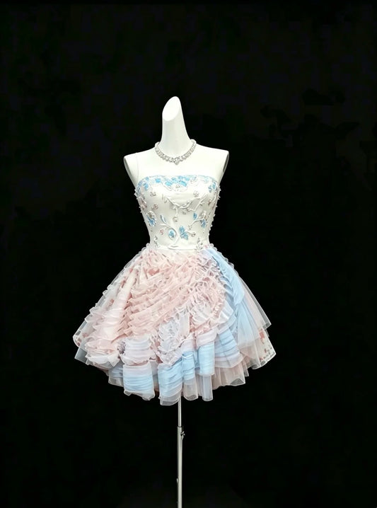 Classy Ball Gown Strapless Pink Blue Tulle Mini Short University College Impress Inspo Graduation Dress Homecoming Dresses RB3309