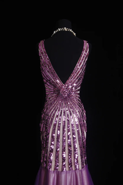 Vintage Prom Dresses Aesthetic 80er Retro Meerjungfrau V-Ausschnitt Flieder Pailletten Bodenlang Abendkleider N2330