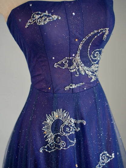 Modest A Line Strapless Tulle Royal Blue Prom Dresses Long for Women Formal Evening Gown AB171