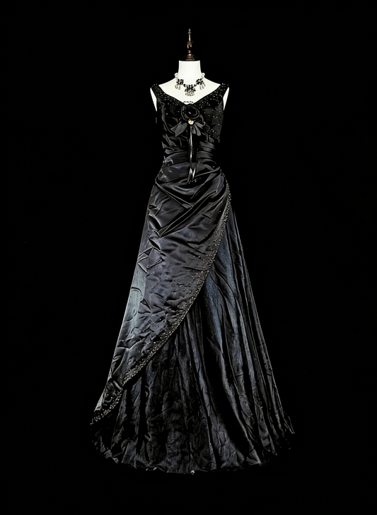 Dreamy Prom Dresses Vintage 90s With Beads V Neck A line Satin Black Long Formal Outfits N2375