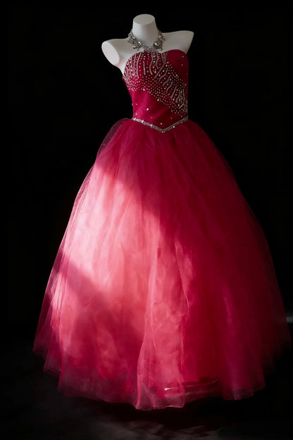 Robes de bal modestes Robe de soirée bustier en tulle rose fuchsia avec perles longue robe de soirée N2956