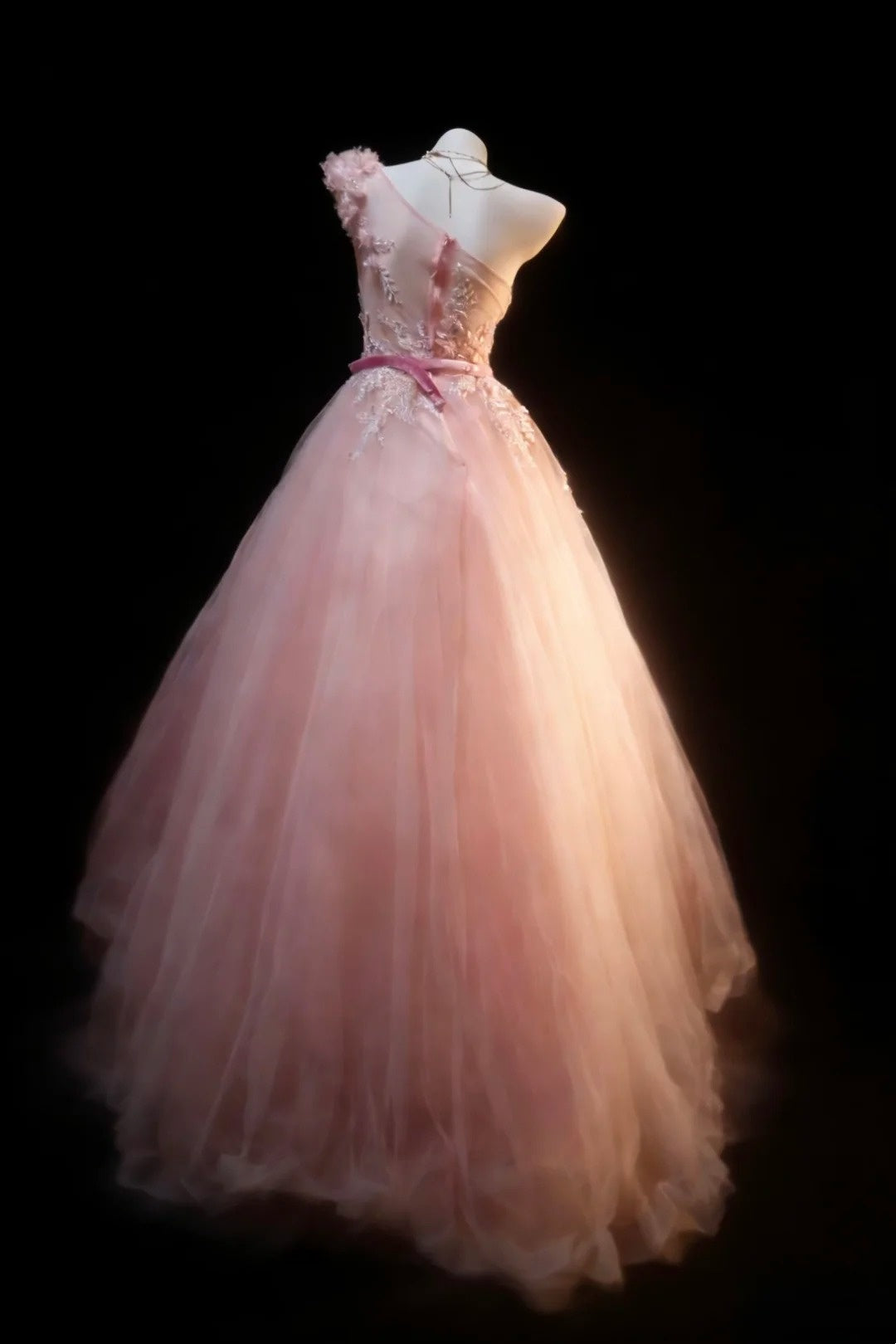 Hübsches Ballkleid für den Abschlussball, One Shoulder, Rouge Pink, Tüll mit Applikationen, langes Abendkleid N2954
