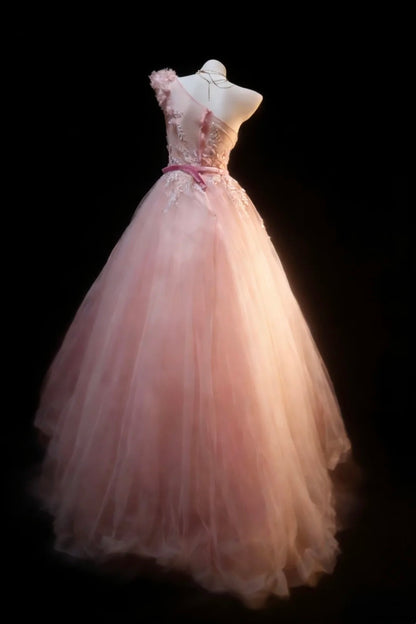 Hübsches Ballkleid für den Abschlussball, One Shoulder, Rouge Pink, Tüll mit Applikationen, langes Abendkleid N2954