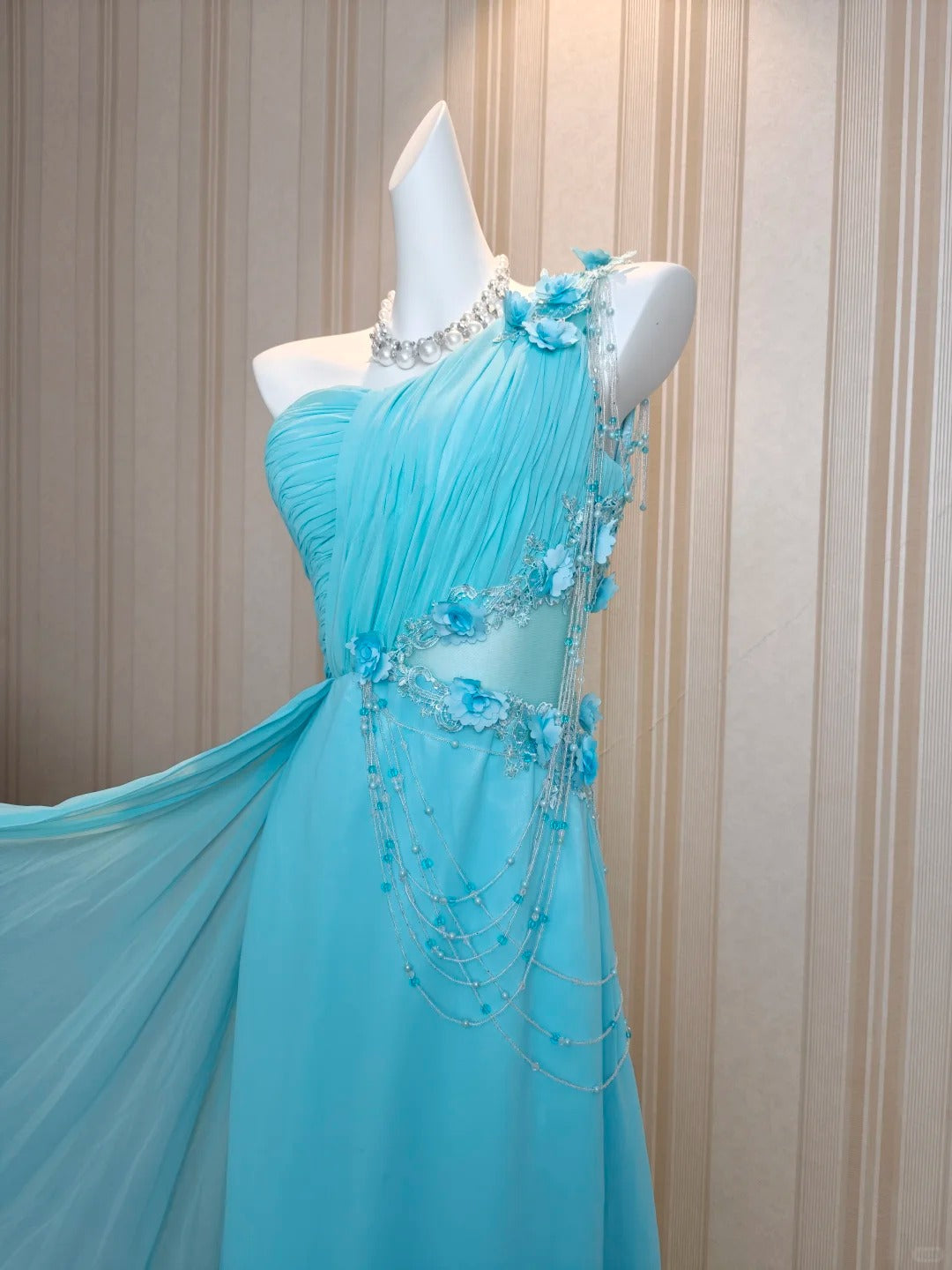 Vintage Ballkleider A-Linie One Shoulder Blau Chiffon 80er Jahre Mit Blumen Lange Formelle Abendgarderobe N4217
