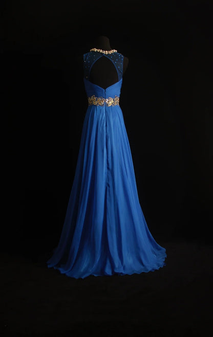 Robe de bal longue rétro années 2000 en mousseline bleu roi, coupe trapèze, col rond, inspiration années 2000, tenue de soirée pour un 19e anniversaire, 500 N