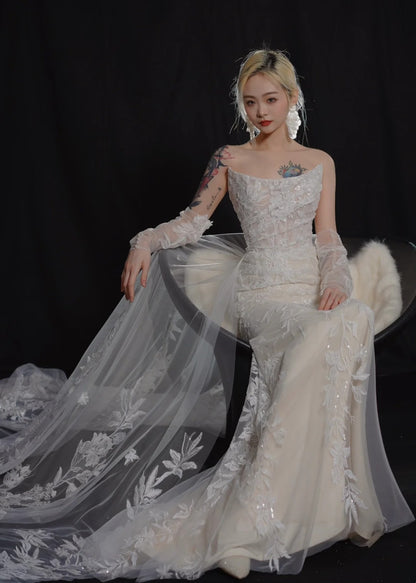 Robe de mariée longue et romantique blanche sirène sans bretelles en dentelle, avec traîne, AB2474