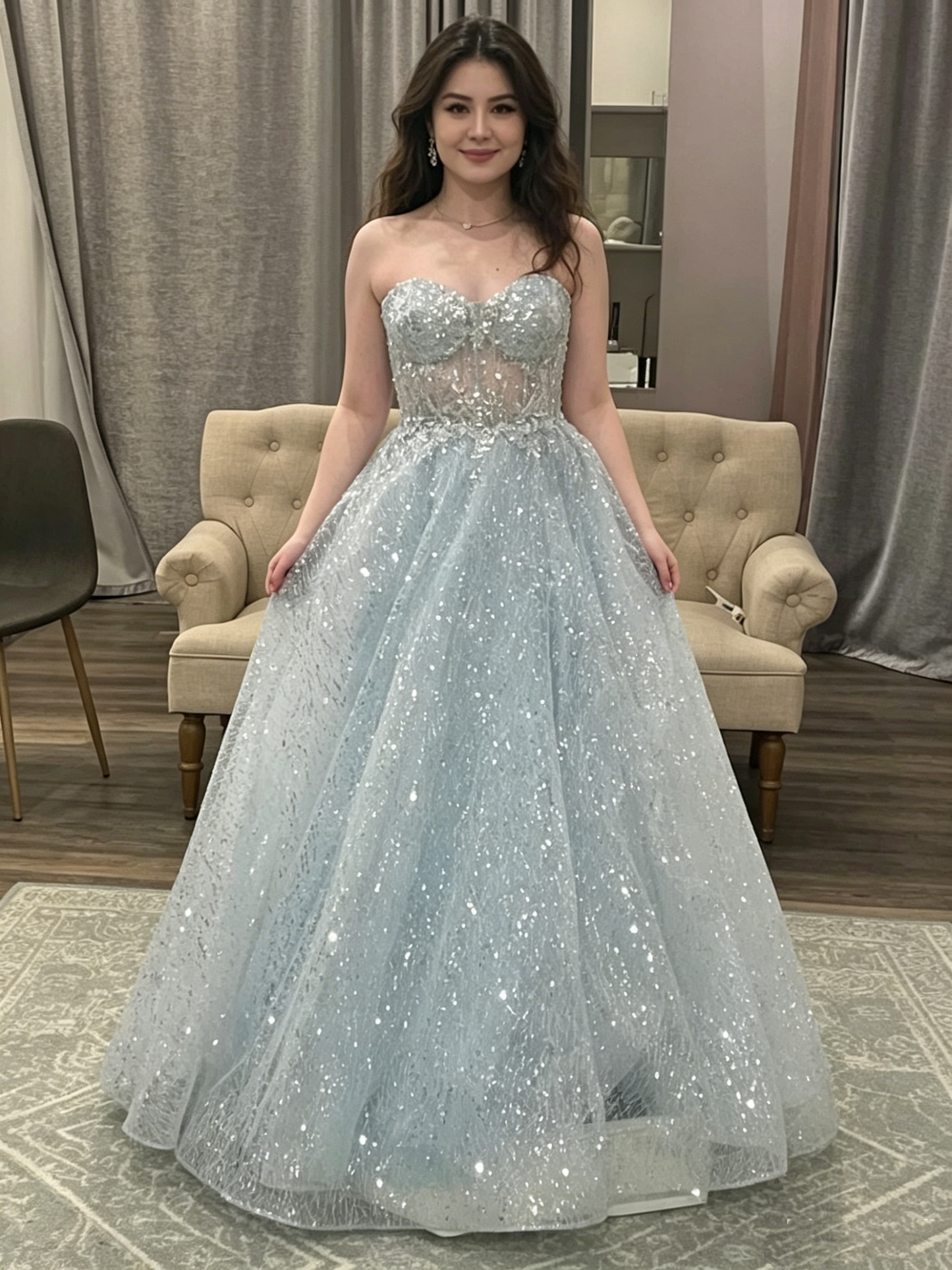 Glitzerndes Ballkleid mit Herzausschnitt und Pailletten, hellhimmelblau, Ballkleider, Inspiration, Ballkleid, Prinzessin, Abschlusskleid B301