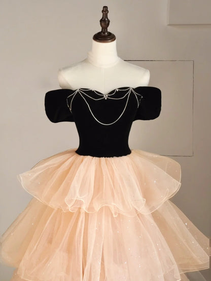 Prinzessinnen-Ballkleid, schulterfrei, Tüll, Champagner, formelles Outfit für College, Abschlussball, Abschlusskleid für Teenager N1348