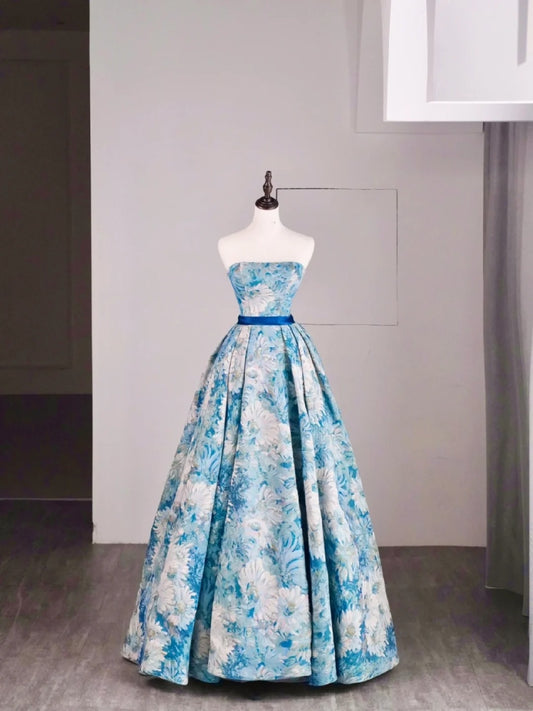 Magnifique robe de bal bustier bleue en satin à fleurs, longue, pour les soirées formelles - Inspiration tenue N241
