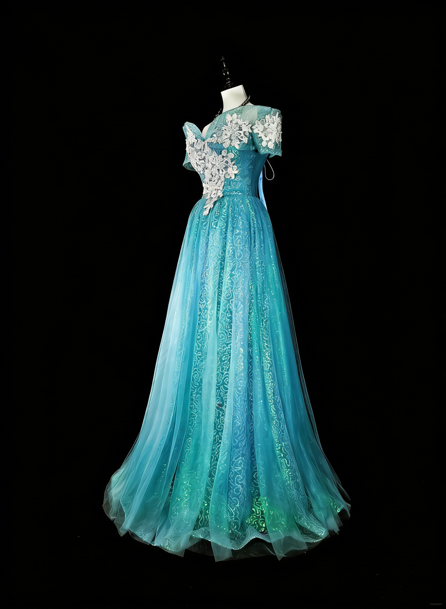 Robes de bal de rêve Esthétique rétro années 80 Épaules dénudées Tulle bleu clair Dentelle Tenues de soirée longues N2364