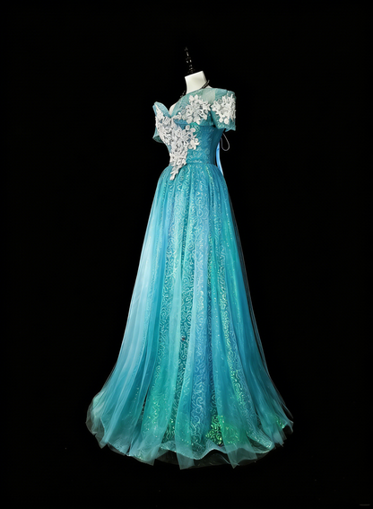 Robes de bal de rêve Esthétique rétro années 80 Épaules dénudées Tulle bleu clair Dentelle Tenues de soirée longues N2364