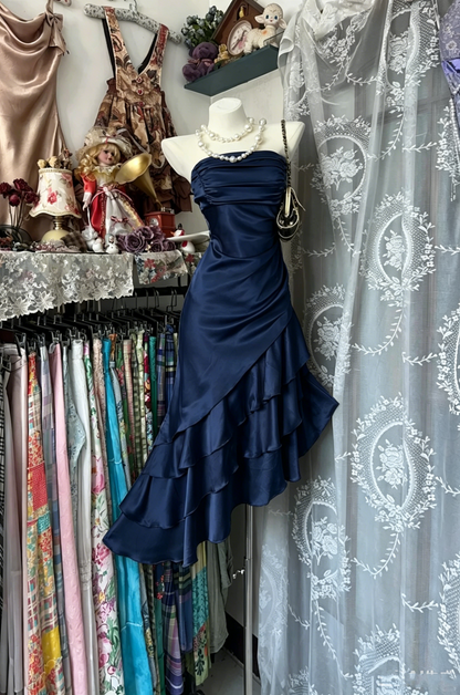 Vintage Meerjungfrau Trägerlos Champagner Satin Mittellang Abschlussfeier Geburtstag Outfits Homecoming Kleider N3740
