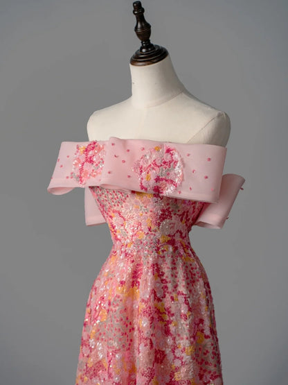 Elegantes, schulterfreies, pinkfarbenes Paillettenkleid in A-Linie – langes Ballkleid für Teenager (N1170)