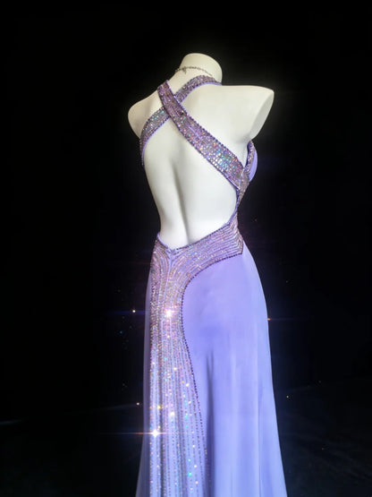 Sparkly Prom Dresses Mermaid Spaghetti Strap Lilac Backless With Beading Long Formal Gown N2958