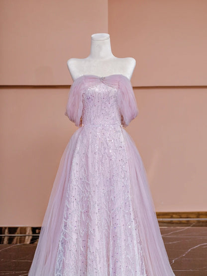 Robe de soirée longue à paillettes roses, coupe trapèze, épaules dénudées et manches courtes, modèle N723
