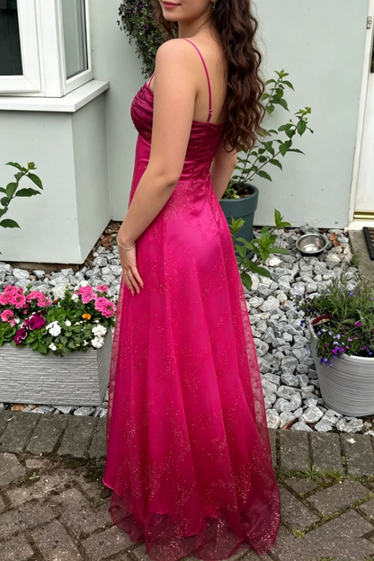 Robes de bal longues rose vif sans manches à fines bretelles et ligne A vintage pour femmes N4189