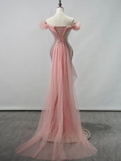Sparkly Mermaid Off The Shoulder Pink Sequin Short Sleeves Long Prom Dresses Formal Gowns Evening Dress N682