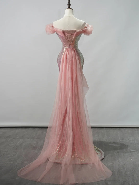 Sparkly Mermaid Off The Shoulder Pink Sequin Short Sleeves Long Prom Dresses Formal Gowns Evening Dress N682