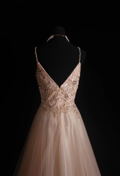 Retro-A-Linien-Abendkleid mit Spaghettiträgern in zartem Rosa im 90er-Jahre-Stil aus Tüll – Inspiration für Outfits zum 18. Geburtstag – Festliches Kleid N490