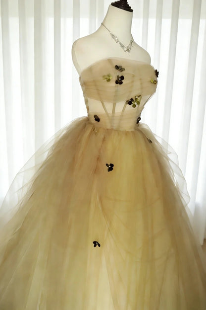 Robes de Bal Simples Robe de Bal bustier en Tulle Jaune avec Fleurs Longue Robe de Quinceañera N2963