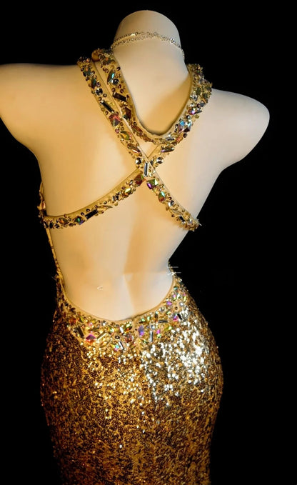 Superbes robes de bal sirène licou à paillettes dorées, dos nu, sans manches, tenues de soirée formelles N3787