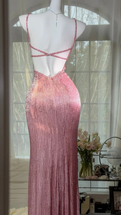 Robes de bal élégantes sirène à fines bretelles paillettes roses fendues longueur ras du sol tenues de soirée formelles N3521