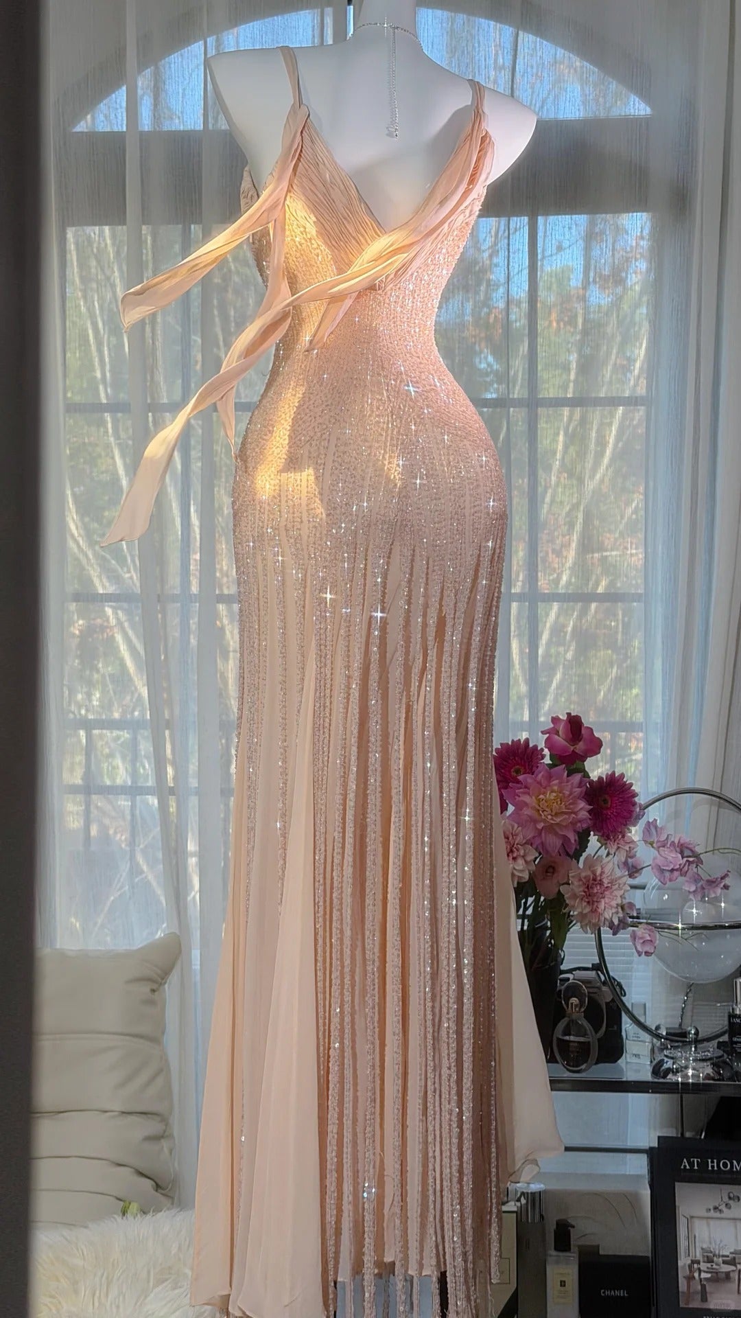 Bescheidene Ballkleider Meerjungfrau Spaghetti-Träger Blush Pink Chiffon mit Perlenstickerei Bodenlange Abendkleider N3531