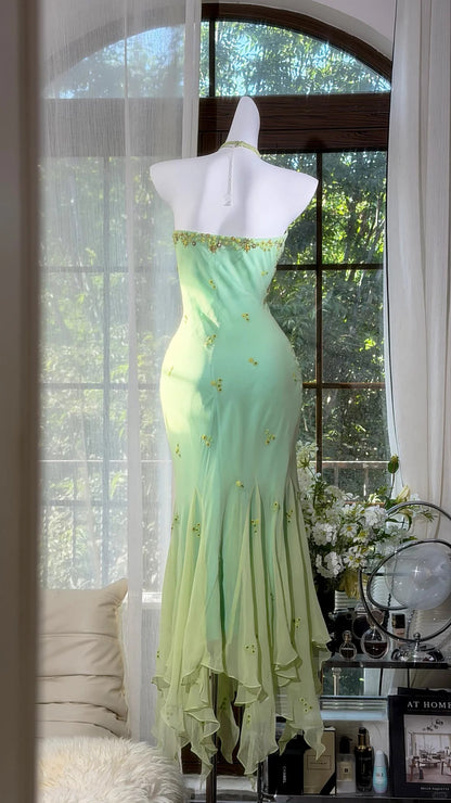 Klassisches Meerjungfrau Neckholder Grün Chiffon Mit Schal Knöchellang Abschlussballkleider Inspo Formelle Outfits RB4511