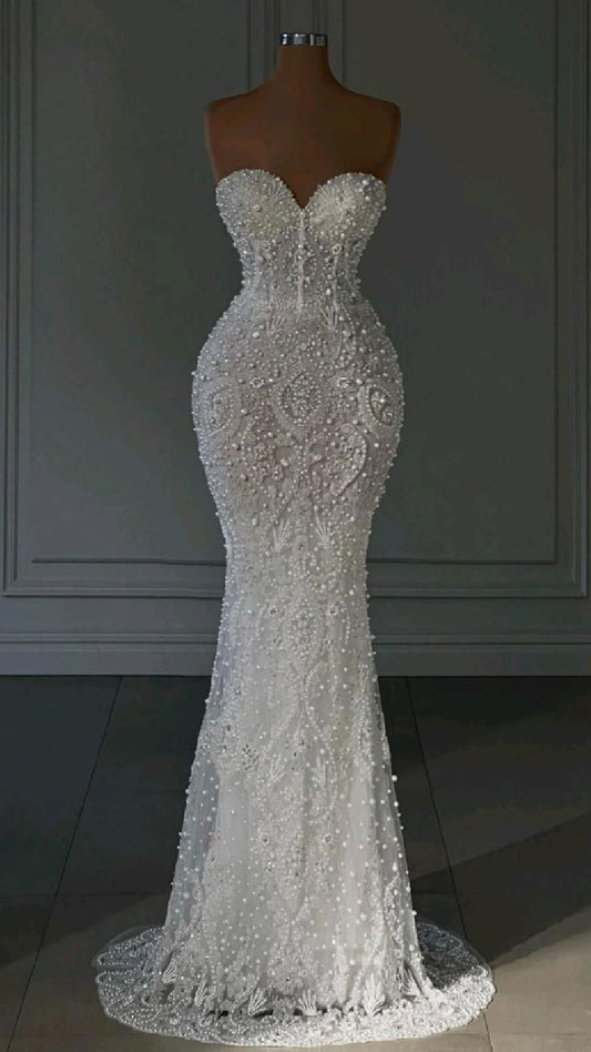 Luxury Mermaid Wedding Dresses For Women Sweetheart Neck Sleeveless Pearls Sequins Sweep Bridal Gown AB970