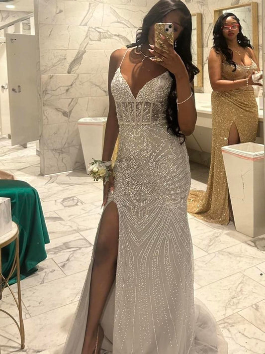 Mermaid Prom Dresses Side Split Spaghetti Straps Sexy Special Dress Beaded Party Gowns AB990