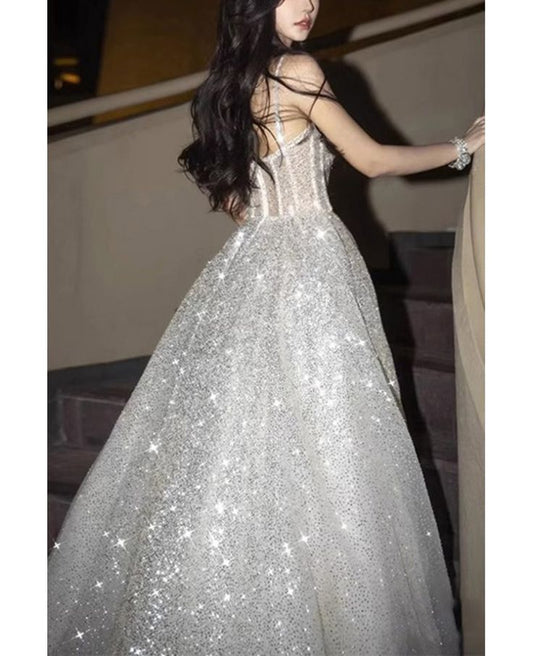 A line Bling Silver Corset Top Long Prom Dress With Straps AB963