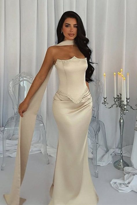 Luxury Strapless Mermaid Prom Dresses Satin Floor Length Sleeveless With Beads Ribbon AB967