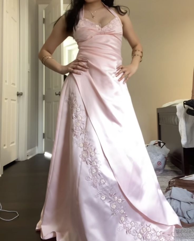 Vintage A Line Halter Pink Satin Long Formal Gowns Evening Maxi Dress Prom Dress Aesthetic For Women Party Outfits AB1216