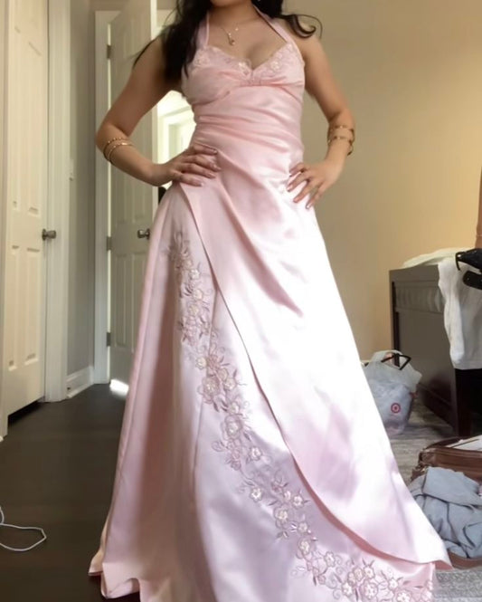 Vintage A-Linien-Halterkleid aus rosa Satin, langes formelles Abendkleid, Maxikleid, Ballkleid, ästhetisches Partykleid für Damen AB1216
