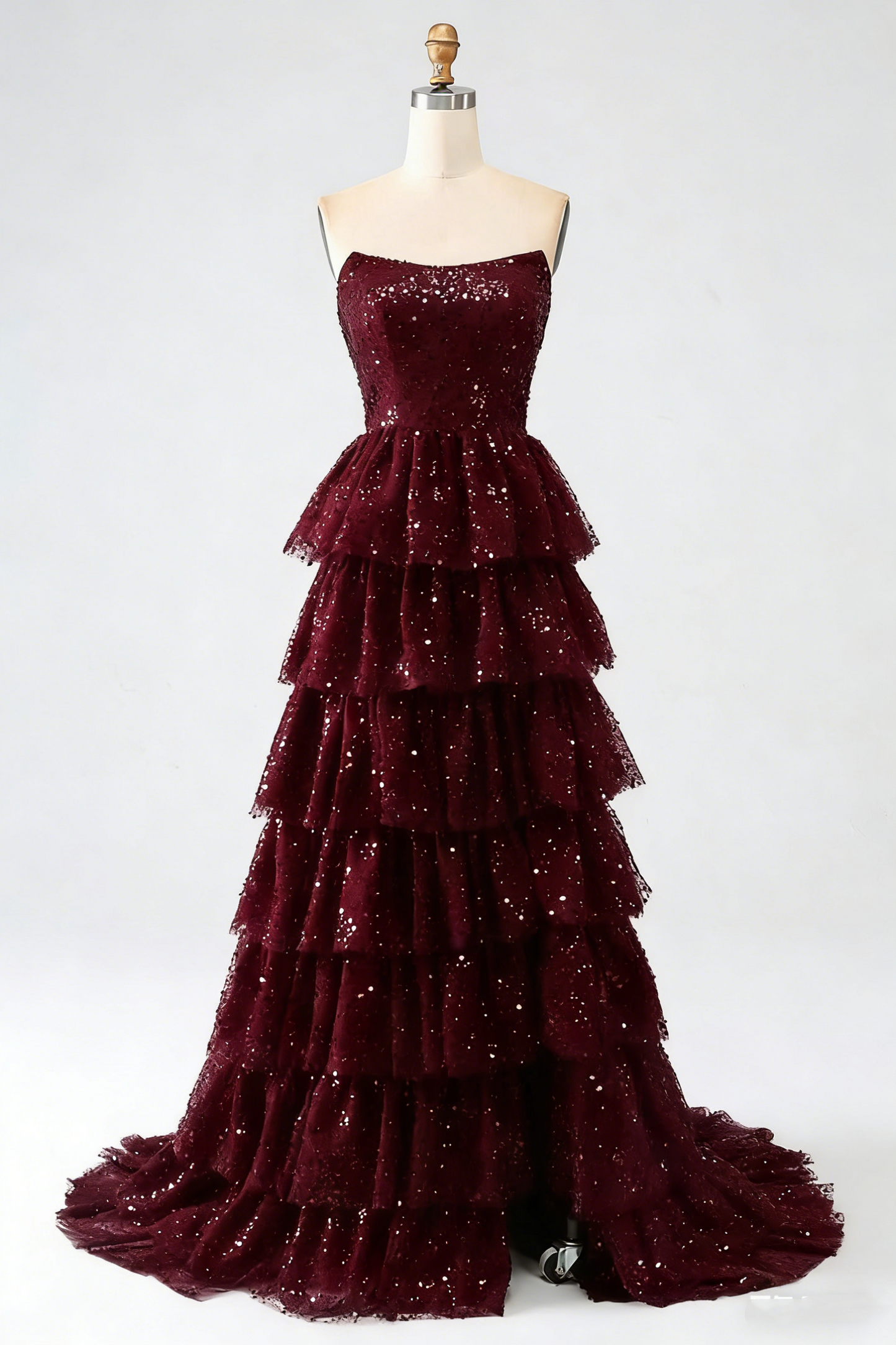 Funkelndes, trägerloses, burgunderrotes Ballkleid mit Schlitz, Pailletten, langes, formelles Abendkleid N795
