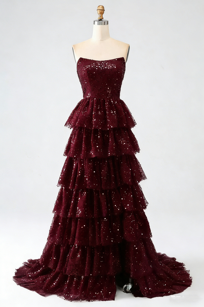 Funkelndes, trägerloses, burgunderrotes Ballkleid mit Schlitz, Pailletten, langes, formelles Abendkleid N795