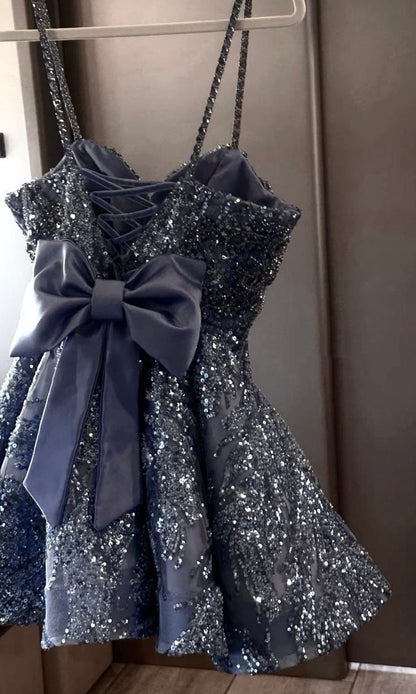 Robe de bal élégante à bretelles fines bleu poudré à paillettes courte mini lycéenne épater inspo robe de remise des diplômes robes de bal RB3322