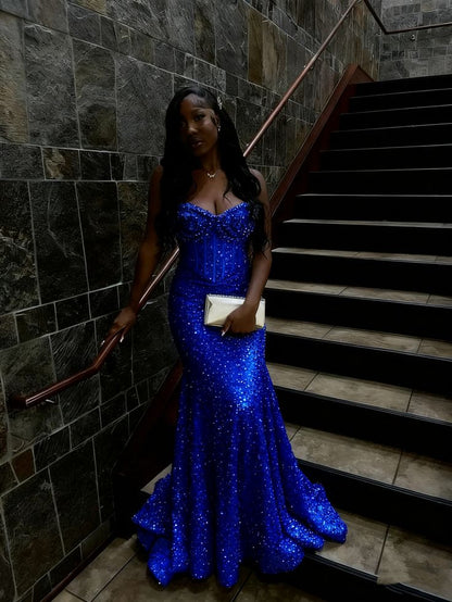 Robe de bal longue sirène à sequins dorés, dos lacé, pour femmes noires grandes tailles N828
