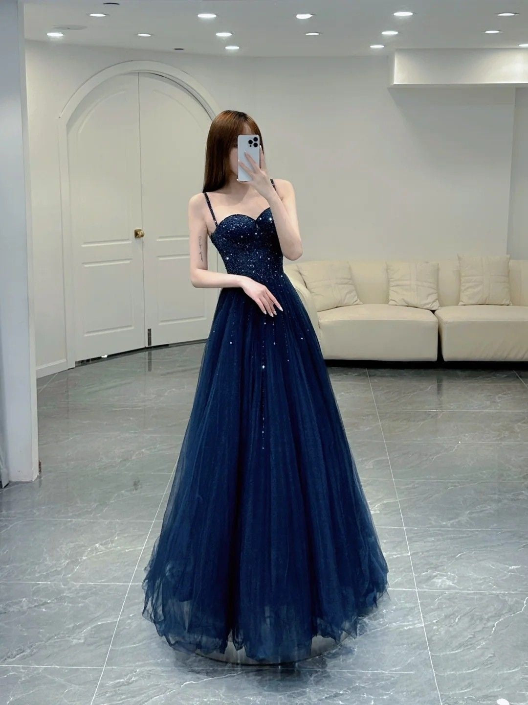 Unique A line Spaghetti Straps Navy Blue Long Prom Dresses Dark Blue Tulle Formal Gown Inspo Evening Dress AB716