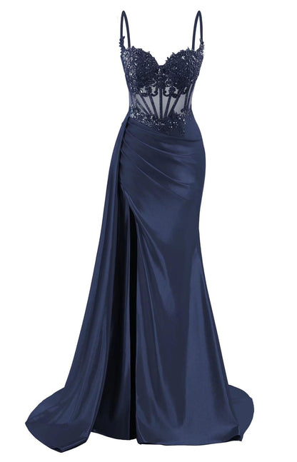 Robe de bal longue sirène en satin à fines bretelles, robe de soirée corsetée avec fente AB683