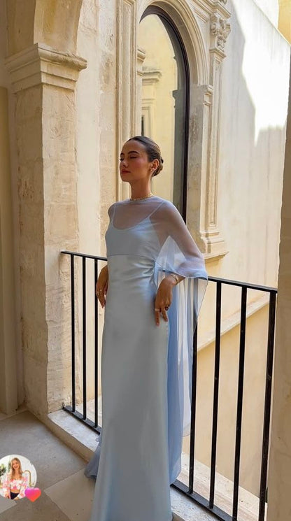 Schlichtes, blaues Chiffon-Abendkleid mit Spaghettiträgern in A-Linie – auch als Ballkleid oder Hochzeitsgastkleid geeignet (Modell N891)