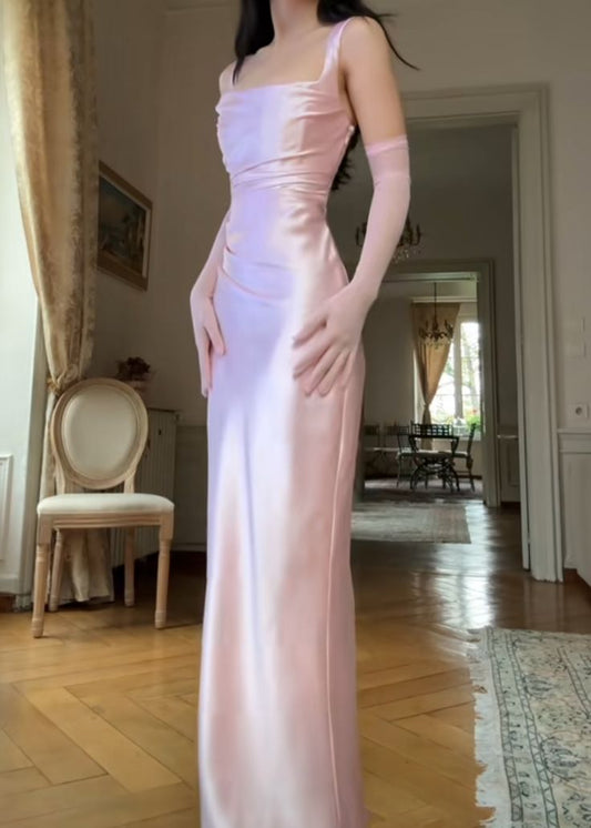 Simple Mermaid Square Neck Pink Satin Prom Dresses Long Evening Formal Gown Wedding Party Gowns N358