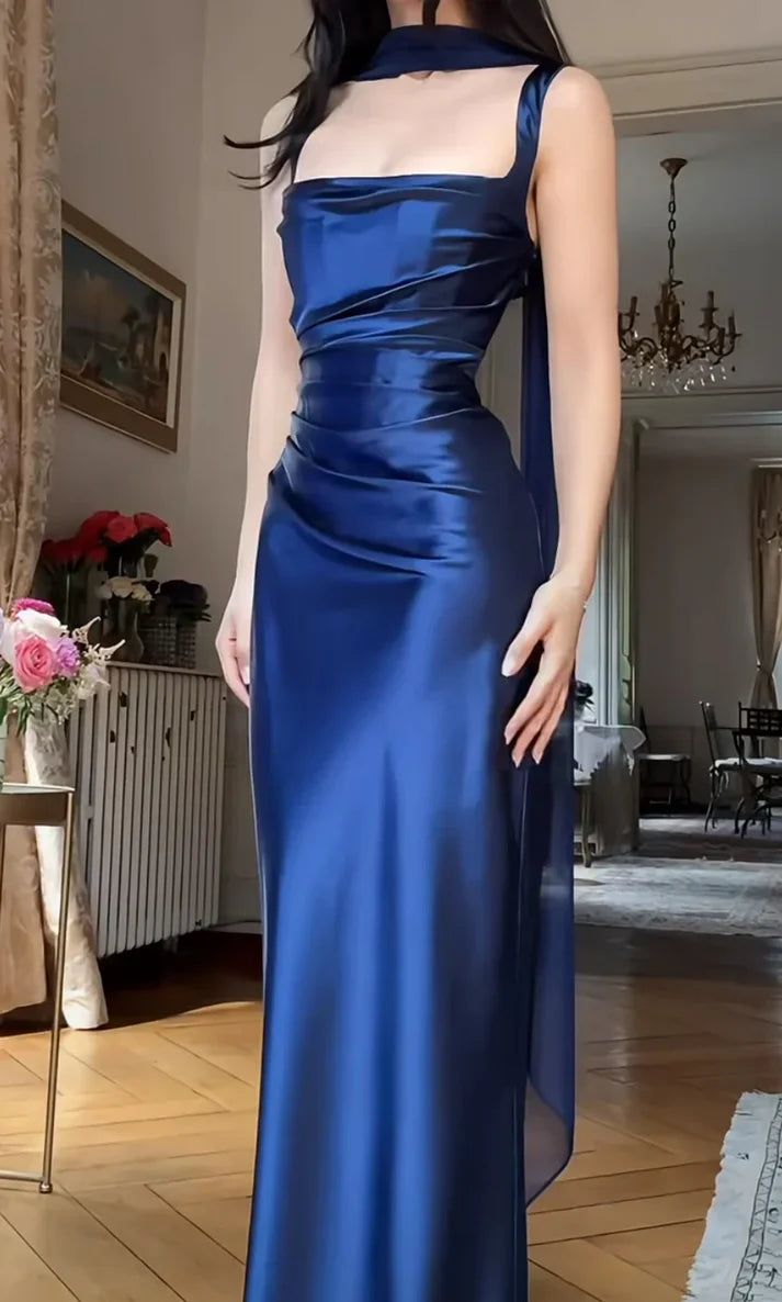 Robe de bal sirène simple à col carré en satin bleu, robe de soirée longue formelle, robe d'invitée de mariage N360