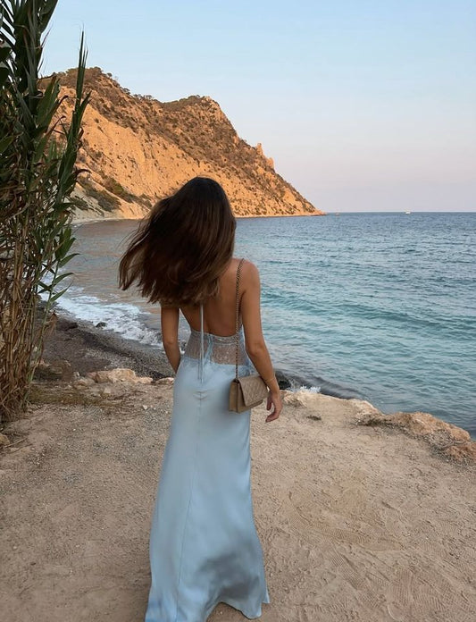 Simple Mermaid Halter Blue Backless Long Evening Summer Beach Black Tie Formal Dresses Spring Wedding Guest Dress N1389