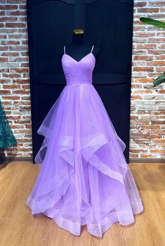 Sparkly Ball Gown Spaghetti Strap Lilac Tulle Long Prom Dresses Senior Graduation Dance Evening Outfits N040