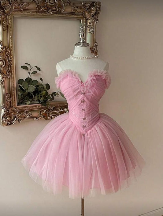 Robe de Bal Sexy Bustier Cœur en Tulle Rose Mini Robes de Remise des Diplômes Courtes pour le Collège 8ème Année Robe de Soirée RB3393